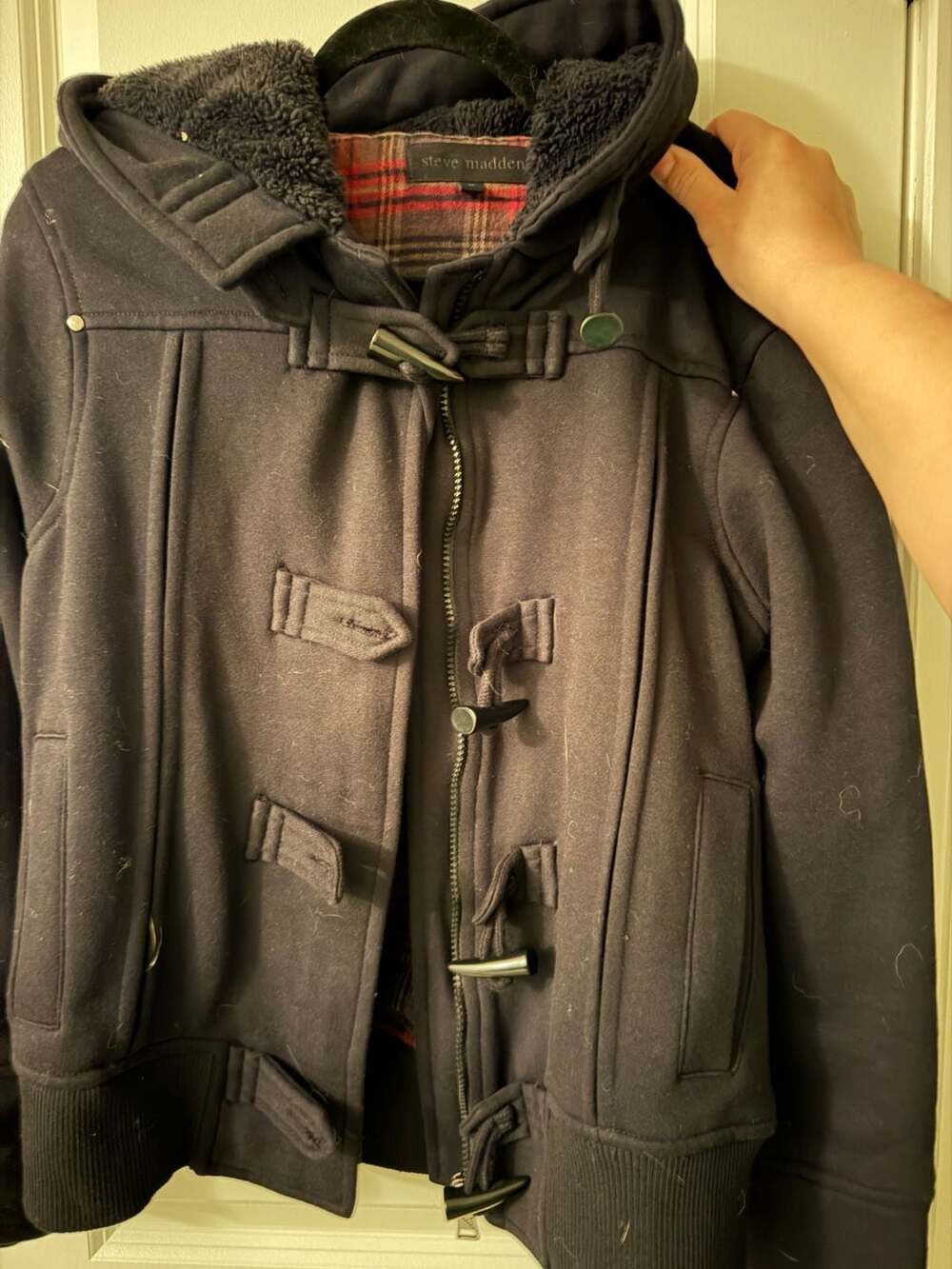 Steve Madden Black Hooded Toggle Duffle Coat Jacket Plaid Lining Size M
